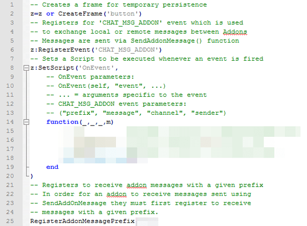 Script code that explains the function of CHAT_MSG_ADDON events Screenshot: The code snippet that explains the function of CHAT_MSG_ADDON events
