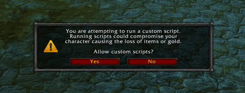 The warning message Blizzard added to their newest patch Screenshot: In-game window with warning message regarding the execution of scripts